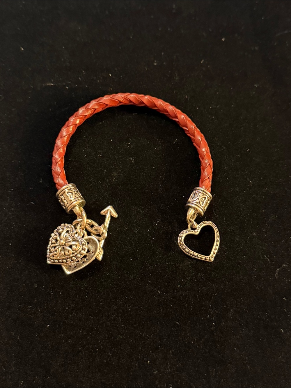 Red Braided Leather Heart Charm Bracelet - Unbranded
